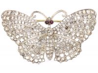 Edwardian Platinum & 15ct Gold Butterfly Brooch set with Diamonds with Cabochon Ruby Eyes