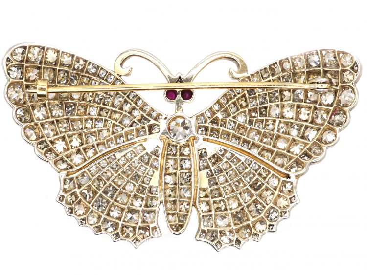 Edwardian Platinum & 15ct Gold Butterfly Brooch set with Diamonds with Cabochon Ruby Eyes