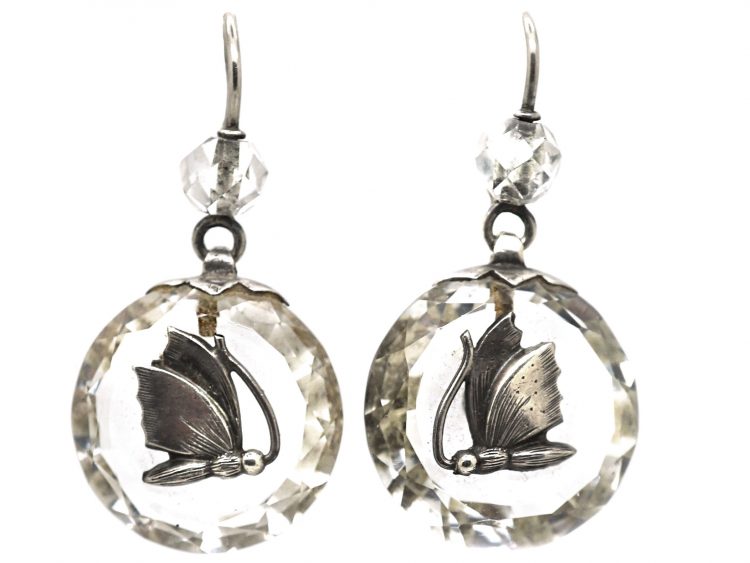 Victorian Silver & Rock Crystal Butterfly Drop Earrings