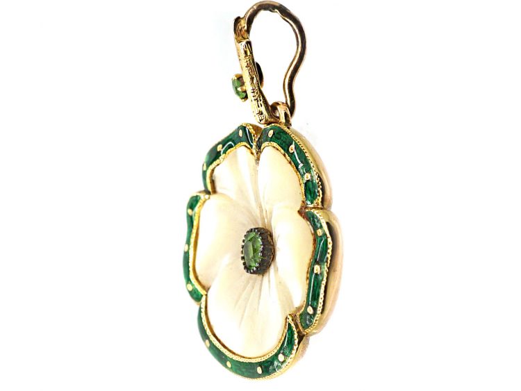 Edwardian 15ct Gold, Mother of Pearl, Green Enamel & Green Garnet Pansy Pendant