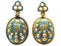 Victorian 15ct Gold, Blue Enamel & Natural Split Pearl Drop Earrings