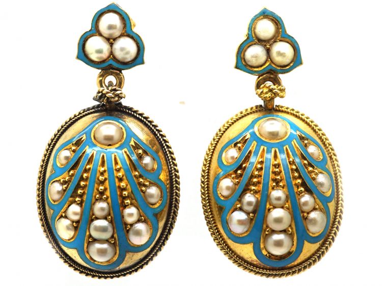 Victorian 15ct Gold, Blue Enamel & Natural Split Pearl Drop Earrings