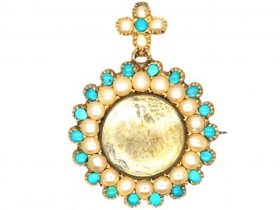 Early 19th Century 15ct Gold, Turquoise & Natural Split Pearl Pendant