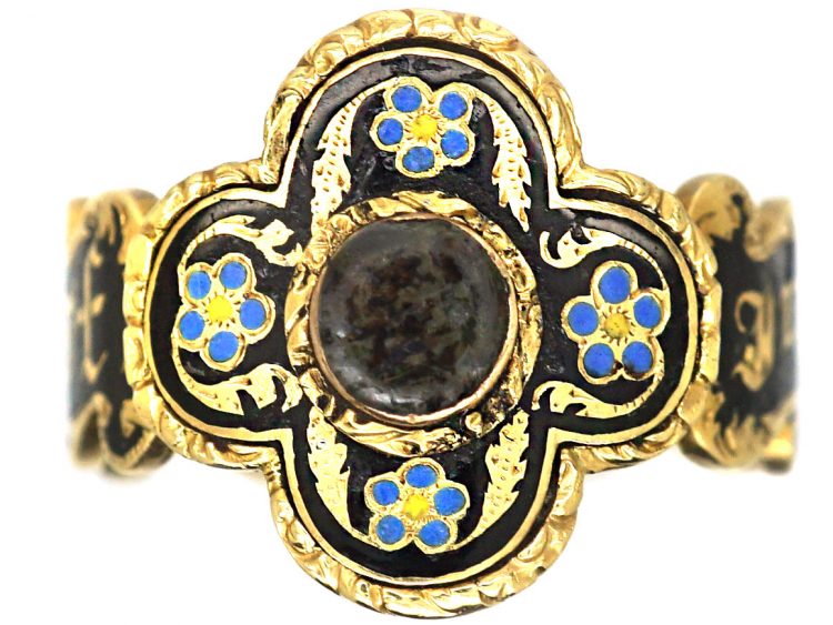 Georgian 15ct Gold & Enamel Mourning Ring with Heart on the Reverse