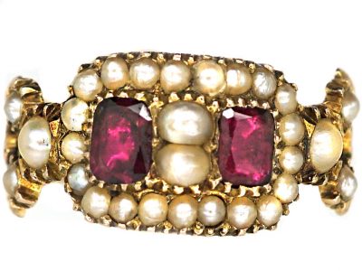 Georgian 9ct Gold Ring set with Two Almandine Garnets & Natural Split Pearls