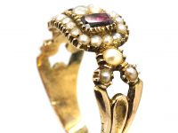 Georgian 9ct Gold Ring set with Two Almandine Garnets & Natural Split Pearls