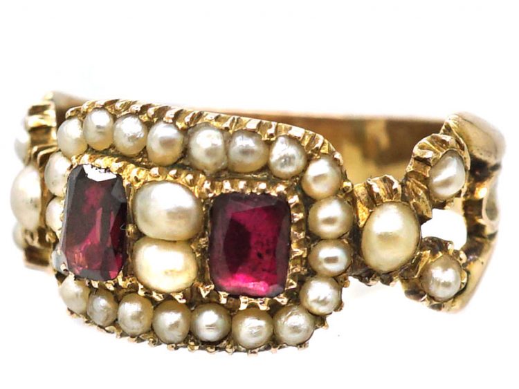 Georgian 9ct Gold Ring set with Two Almandine Garnets & Natural Split Pearls