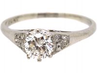 Art Deco Platinum, Diamond Solitaire Ring with Diamond Set Shoulders