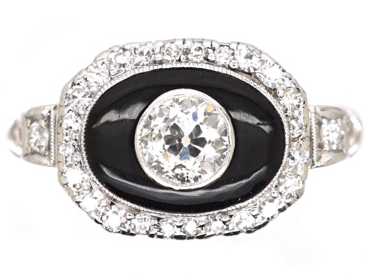 Art Deco Platinum, Onyx & Diamond Oval Cluster Ring