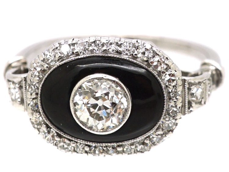 Art Deco Platinum, Onyx & Diamond Oval Cluster Ring