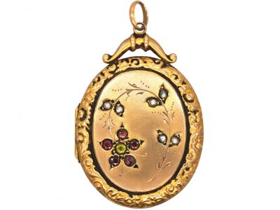 Edwardian 9ct Gold Oval Locket with Flower Motif set with garnets, Peridot & Natural Split Pearls