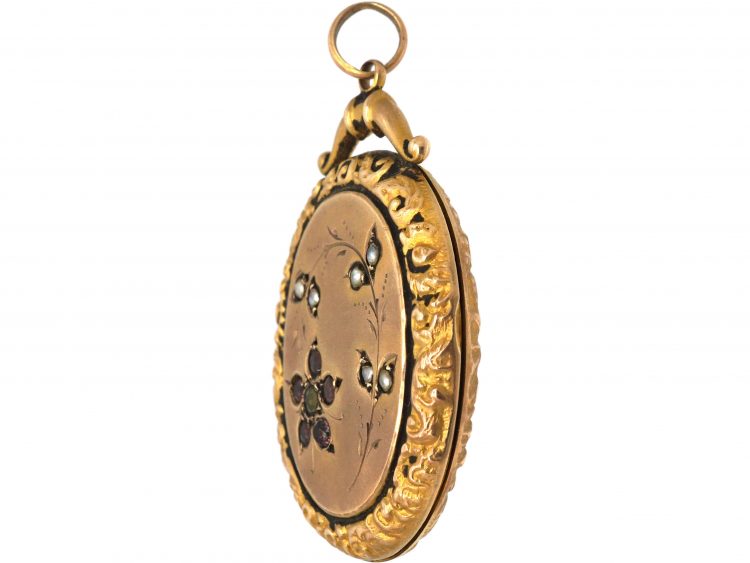 Edwardian 9ct Gold Oval Locket with Flower Motif set with garnets, Peridot & Natural Split Pearls