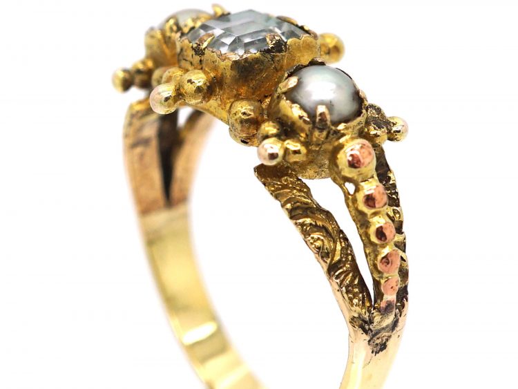 Regency 15ct Gold Ring set with Rock Crystal & Natural Pearls