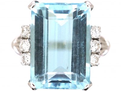 Mid 20th Century Platinum, Rectangular Step Cut Aquamarine & Diamond Ring