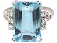 Mid 20th Century Platinum, Rectangular Step Cut Aquamarine & Diamond Ring