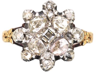 Georgian Gold & Silver Star Cluster Ring set with Rose Diamonds & a Table Cut Diamond