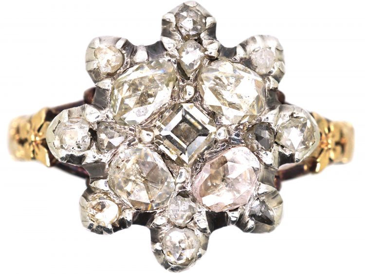 Georgian Gold & Silver Star Cluster Ring set with Rose Diamonds & a Table Cut Diamond