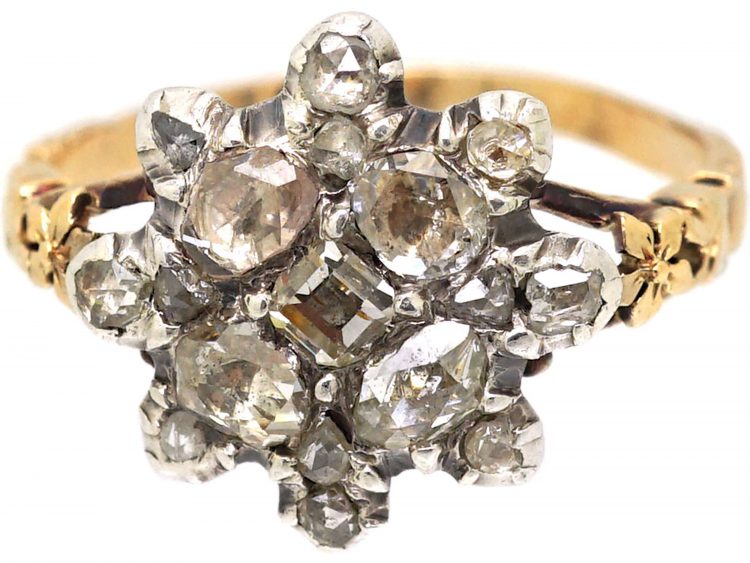 Georgian Gold & Silver Star Cluster Ring set with Rose Diamonds & a Table Cut Diamond