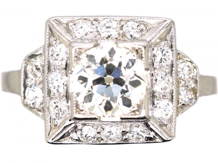 Early 20th Century Platinum Square Panel Ring. set with Diamonds