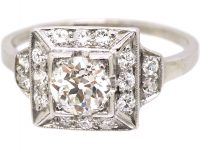 Early 20th Century Platinum Square Panel Ring. set with Diamonds