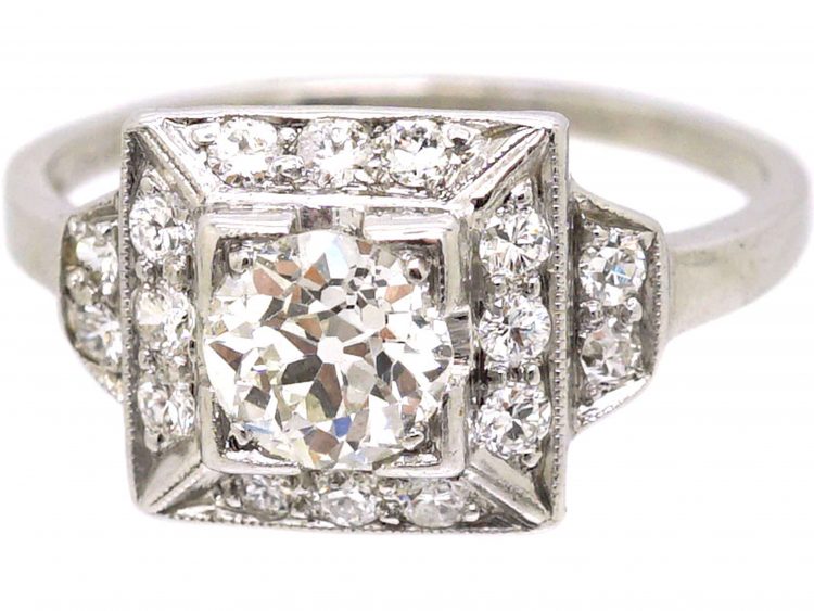 Early 20th Century Platinum Square Panel Ring. set with Diamonds