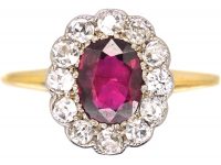 Edwardian 18ct Gold & Platinum, Ruby & Diamond Oval Cluster Ring