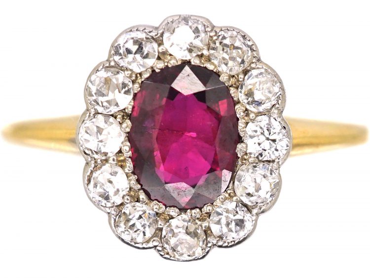 Edwardian 18ct Gold & Platinum, Ruby & Diamond Oval Cluster Ring