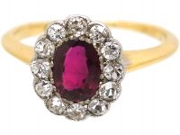 Edwardian 18ct Gold & Platinum, Ruby & Diamond Oval Cluster Ring