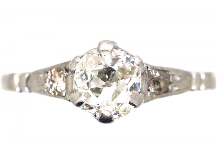 Early 20th Century 18ct White Gold & Platinum, Diamond Solitaire Ring with Diamond set Shoulders