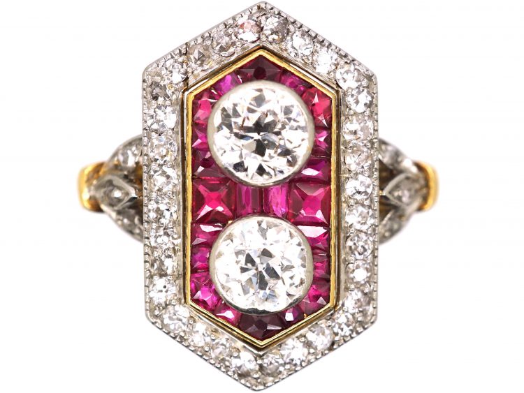 Art Deco 18ct Gold & Platinum, Ruby & Diamond Geometric Ring