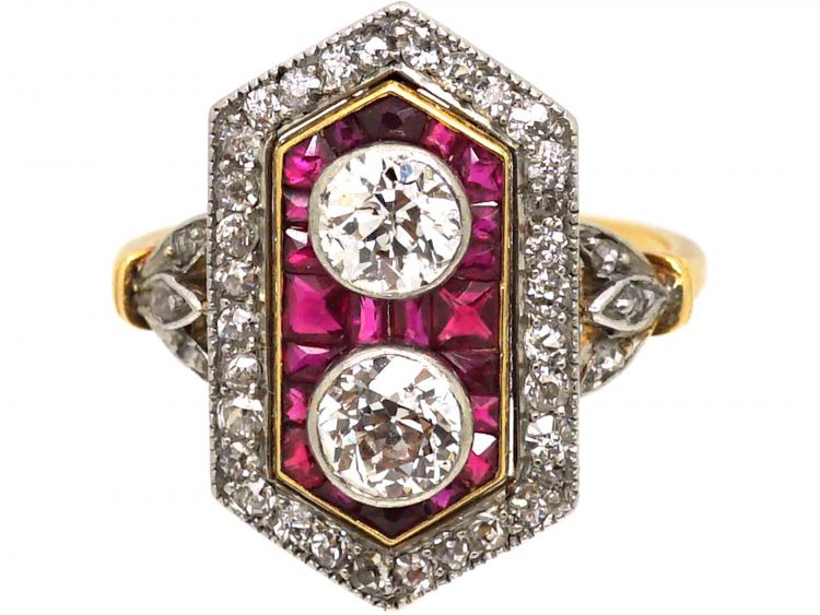 Art Deco 18ct Gold & Platinum, Ruby & Diamond Geometric Ring