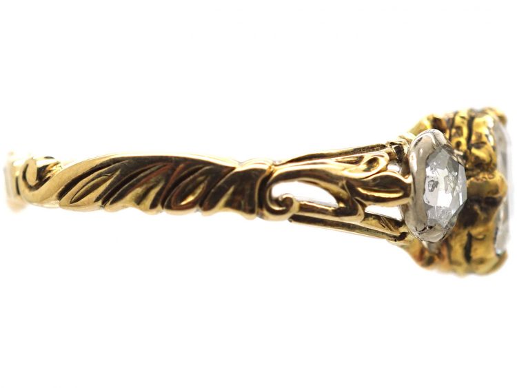 Georgian 15ct Gold & Silver, Three Stone Diamond Ring with Ornate Shank