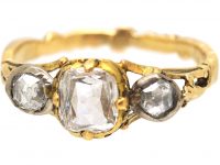 Georgian 15ct Gold & Silver, Three Stone Diamond Ring with Ornate Shank