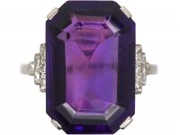 Art Deco Platinum Ring set with a Large Rectangular Cut Amethyst with Diamond