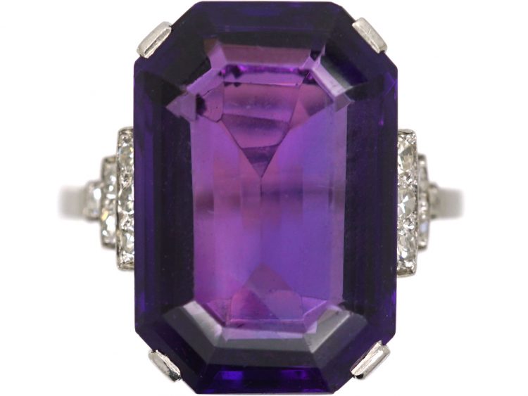 Art Deco Platinum Ring set with a Large Rectangular Cut Amethyst with Diamond