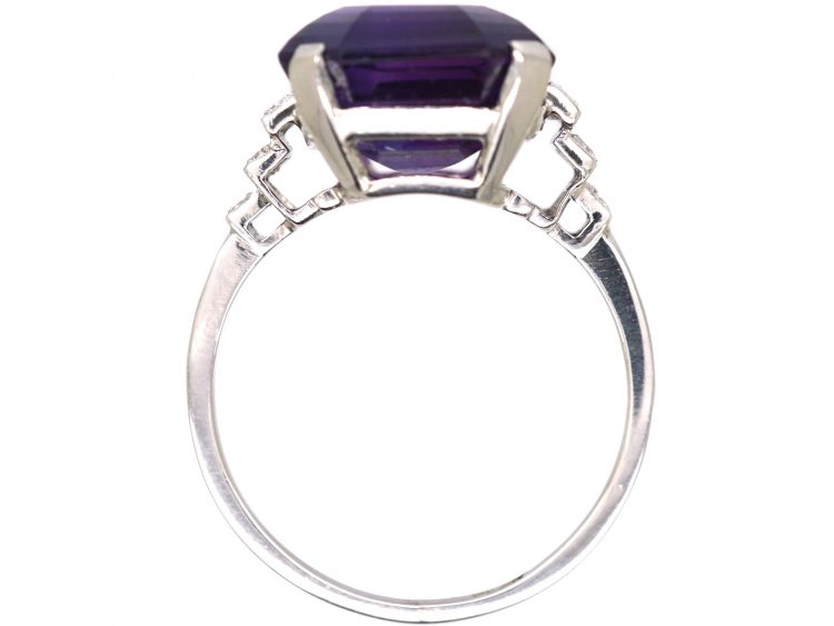 Art Deco Platinum Ring set with a Large Rectangular Cut Amethyst with Diamond