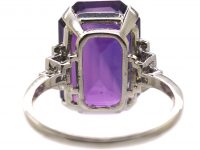 Art Deco Platinum Ring set with a Large Rectangular Cut Amethyst with Diamond