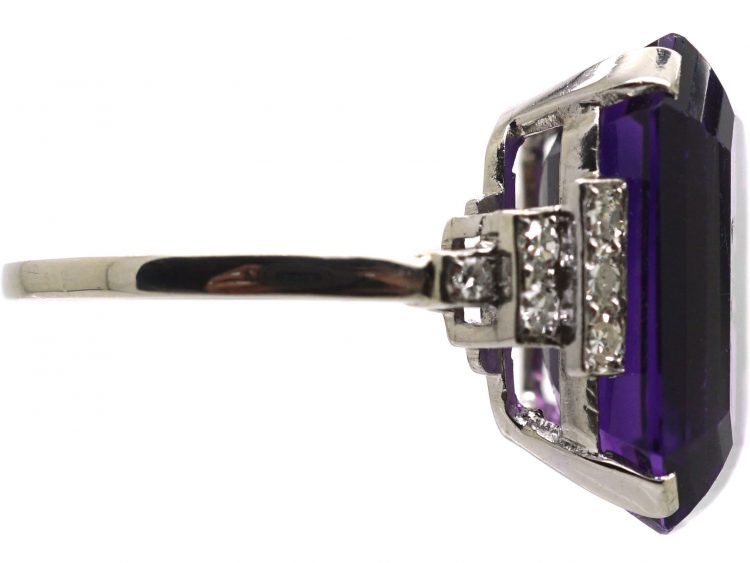 Art Deco Platinum Ring set with a Large Rectangular Cut Amethyst with Diamond