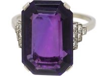 Art Deco Platinum Ring set with a Large Rectangular Cut Amethyst with Diamond