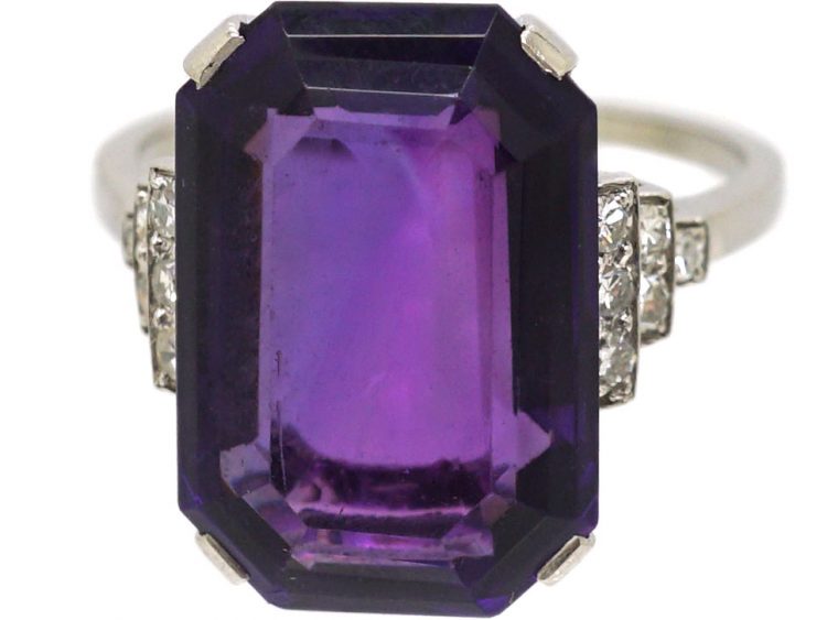 Art Deco Platinum Ring set with a Large Rectangular Cut Amethyst with Diamond