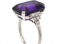 Art Deco Platinum Ring set with a Large Rectangular Cut Amethyst with Diamond