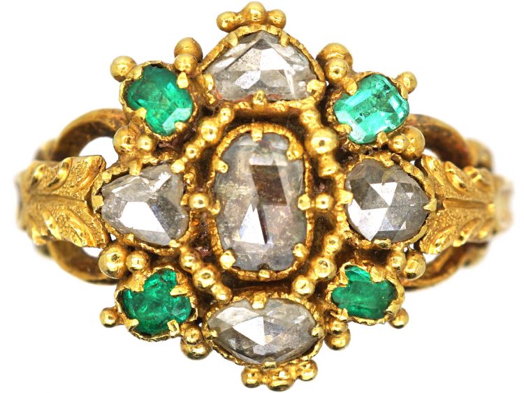 Georgian 18ct Gold, Emerald & Rose Diamond Cluster Ring