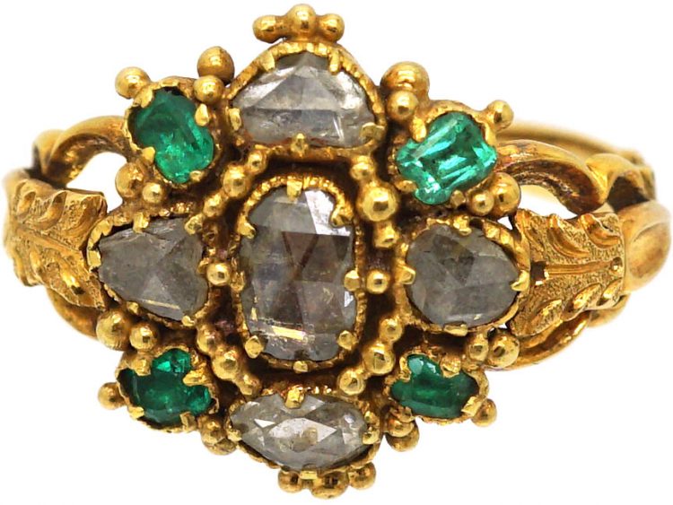 Georgian 18ct Gold, Emerald & Rose Diamond Cluster Ring