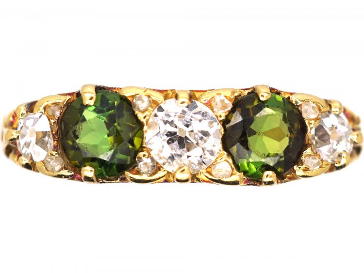 Edwardian 18ct Gold Carved Half Hoop Ring set with Green Tourmalines & Diamonds