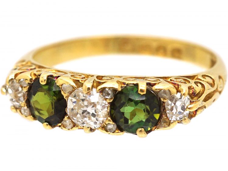 Edwardian 18ct Gold Carved Half Hoop Ring set with Green Tourmalines & Diamonds