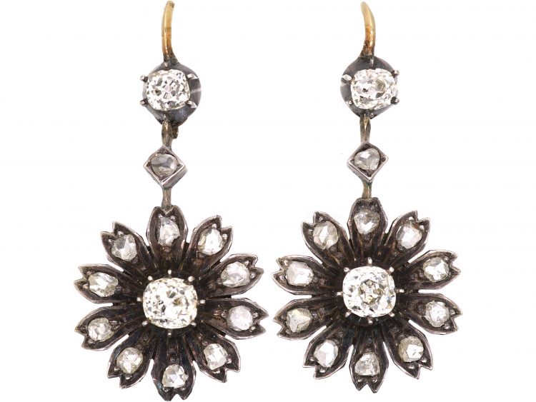 Victorian Gold & Silver Flower Drop Earrings set with Diamonds