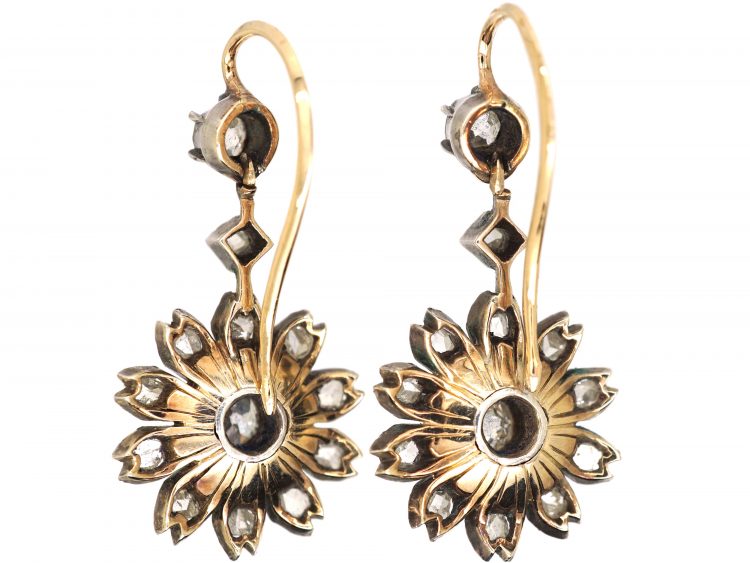 Victorian Gold & Silver Flower Drop Earrings set with Diamonds