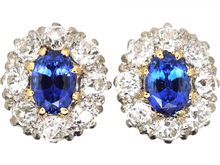 Early 20th Century 18ct White Gold, Sapphire & Diamond Oval Cluster Earrings