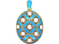 Victorian 18ct Gold & Blue Enamel Locket set with Natural Split Pearls & Rose Diamonds