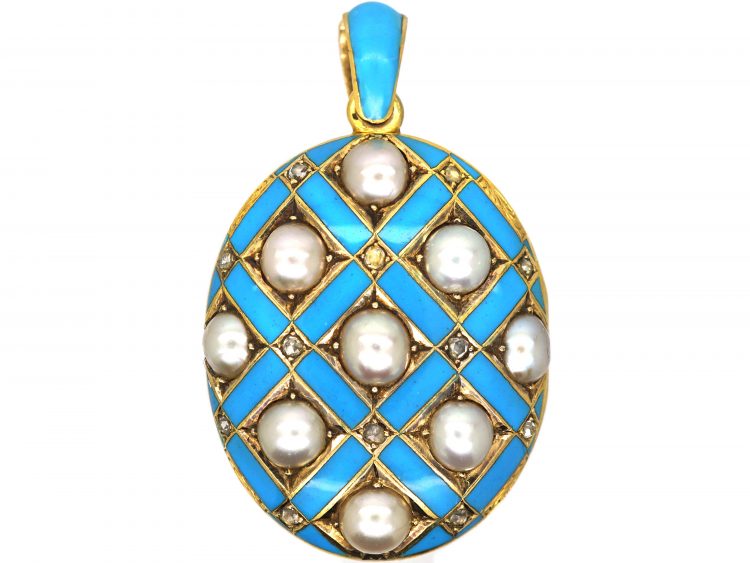 Victorian 18ct Gold & Blue Enamel Locket set with Natural Split Pearls & Rose Diamonds